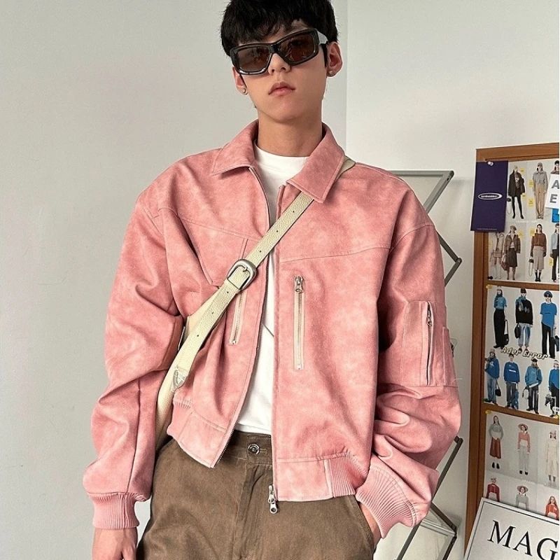 Spring Pink Mens Cropped PU Leather Jacket Fashion Turn-down Collar Gradient Color Retro Coat Zipper Men's Motorcycle Outwear