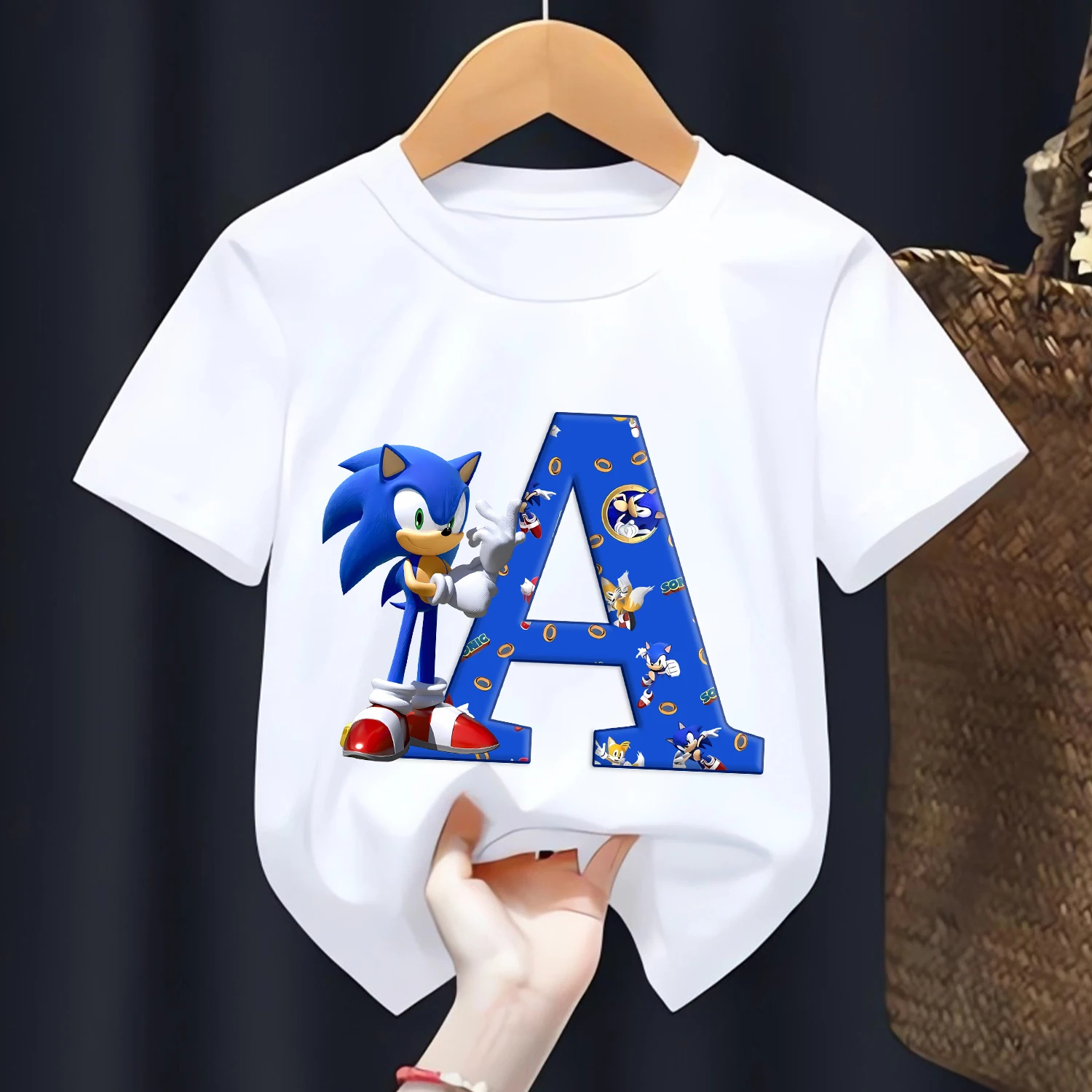 Sonic T-shirt dla dzieci Litery A-Z Tee Top Cartoon Boys Odzież Moda Biały Krótki rękaw Dzieci Anime Luźna Odzież Prezent