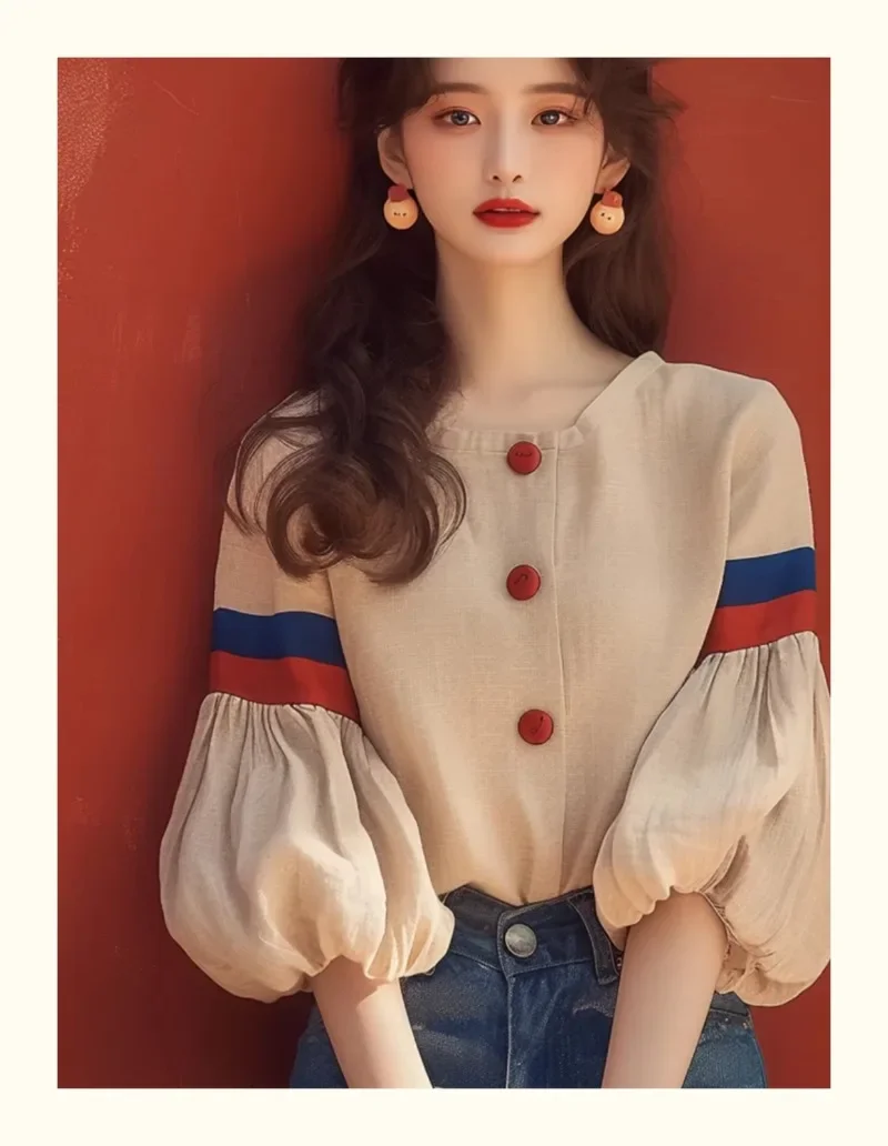 Chiffon Vintage Women\'s Shirt Spring/summer New Patchwork Korean Clothing Sales Loose Long Sleeves Top Fashion Women Blouses