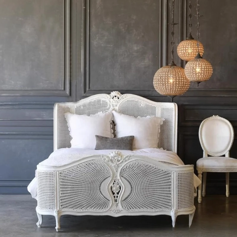 

rattan art solid wood double bed, American rural 1.8 meters solid wood carving flower wedding bed handmade bag rattan bed