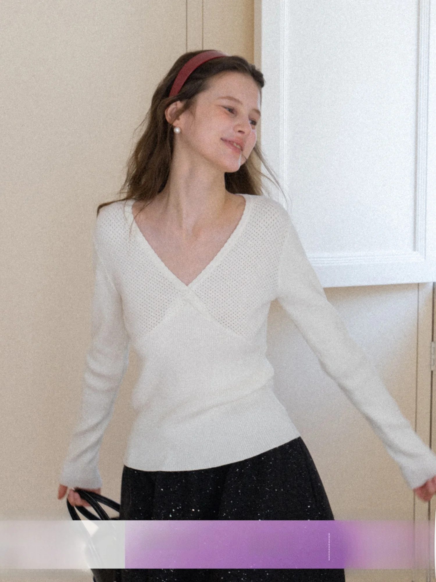 

Женский зимний свитер Eggka: повседневный шик, V-образный вырез, трикотажный, с длинным рукавом, облегающий, базовый слой, модный, универсальный, комфортный