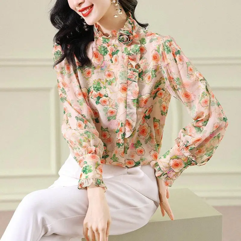 2023 New Spring Fashion Light Luxury Celebrity Wood Ear Edge Unique Fragmented Flower Shirt Temperament Commuter Women's Tops