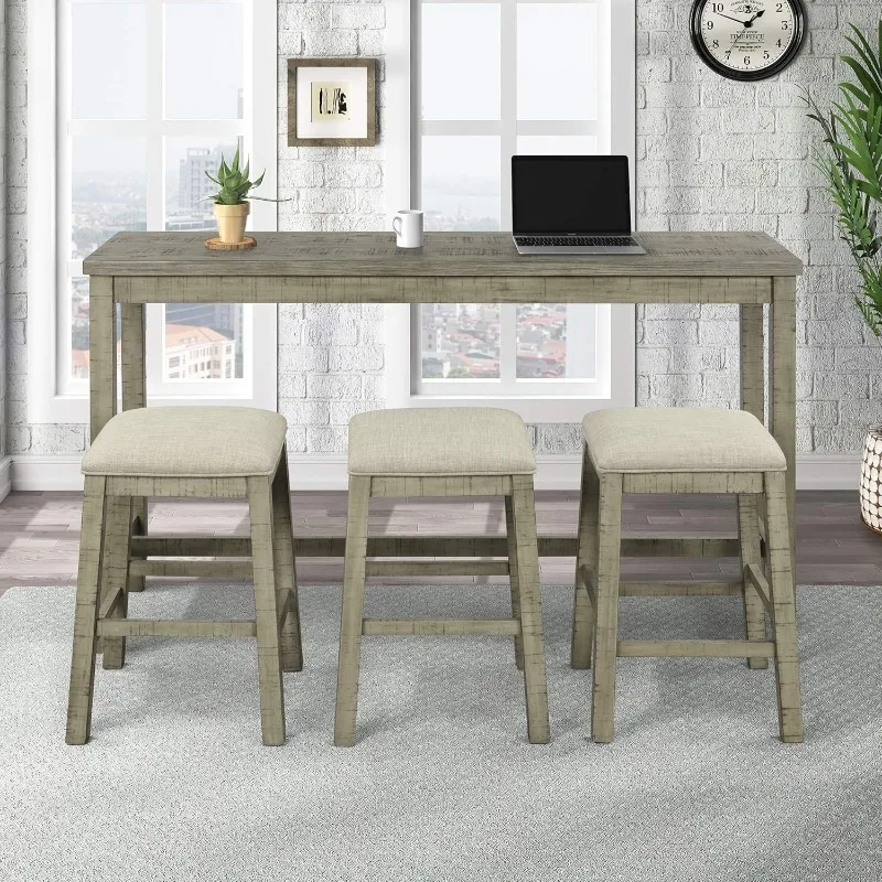 4-Piece Counter Height Bar Table Set with Socket and Fabric Padded Stools, Rustic Bar Dining Set, Gray Green