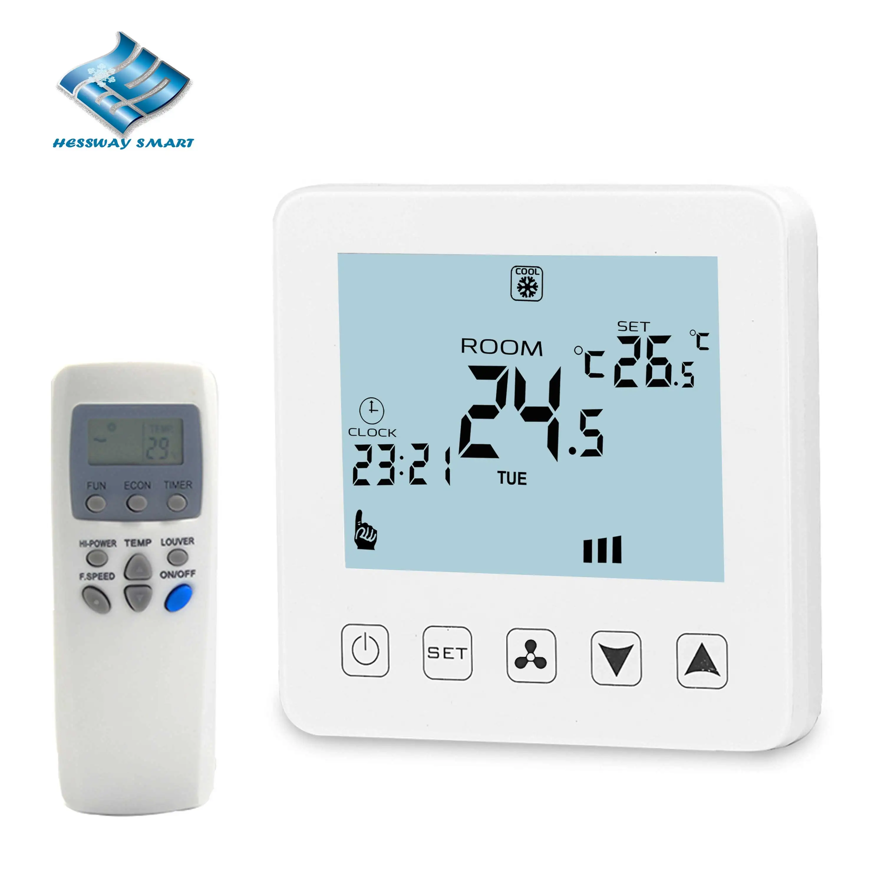 110-240V Infrared Remote Control Touch Fan Coil Room Thermostat with 3-Speed 4P 2P Heating Cooling 7days 4 Period Program