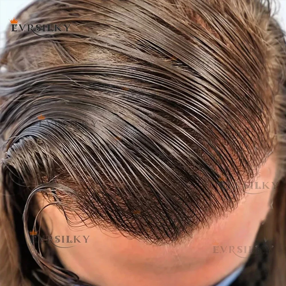 

Super Durable Natural Hairline #18 #4t613 Human Hair 0.06mm-0.08mm Full Vlooped Poly Skin PU Men Toupee Grey Hairpieces System/6