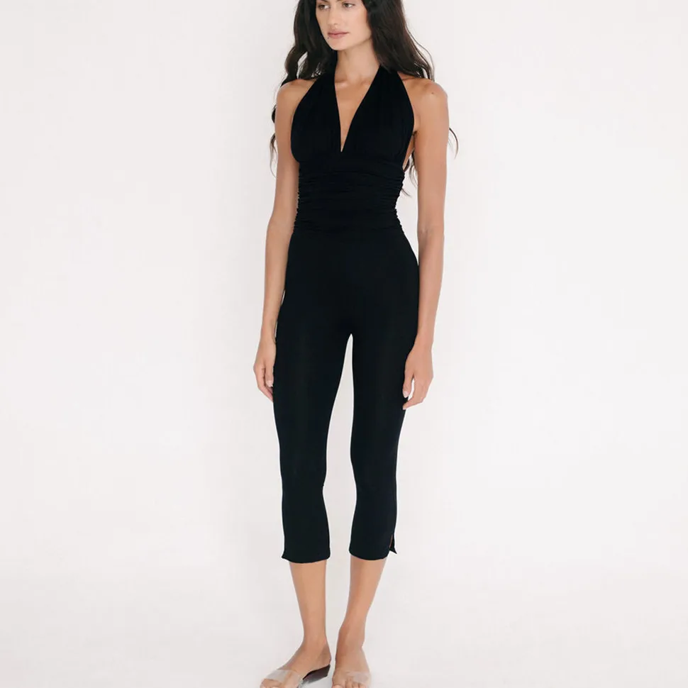 

Women's Y2K Playsuit Sexy Halter Neck Backless Deep V Neck Ruched Bodycon Capri Length Jumpsuit Solid Color Slim Fit Streetwear