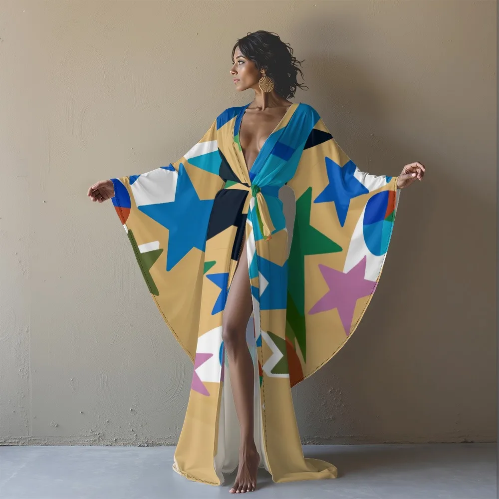 

Женская сексуальная ночная рубашка длиной до пола, очень мягкий и эластичный халат для сна с богемным звездным принтом, глубоким v-образным вырезом и высоким разрезом, одежда для сна