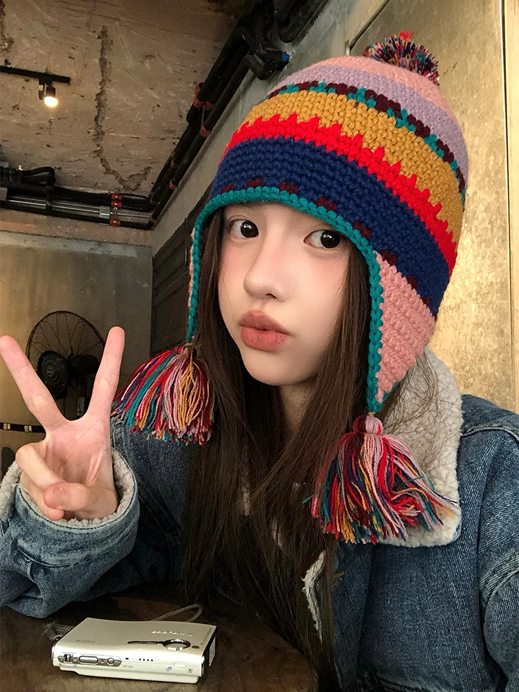 Handmade Knitted Flying Hat Women's Autumn Winter Vintage Small Crowd Warm Face Slimming Woolen Cap Ethnic Style Ear Protection