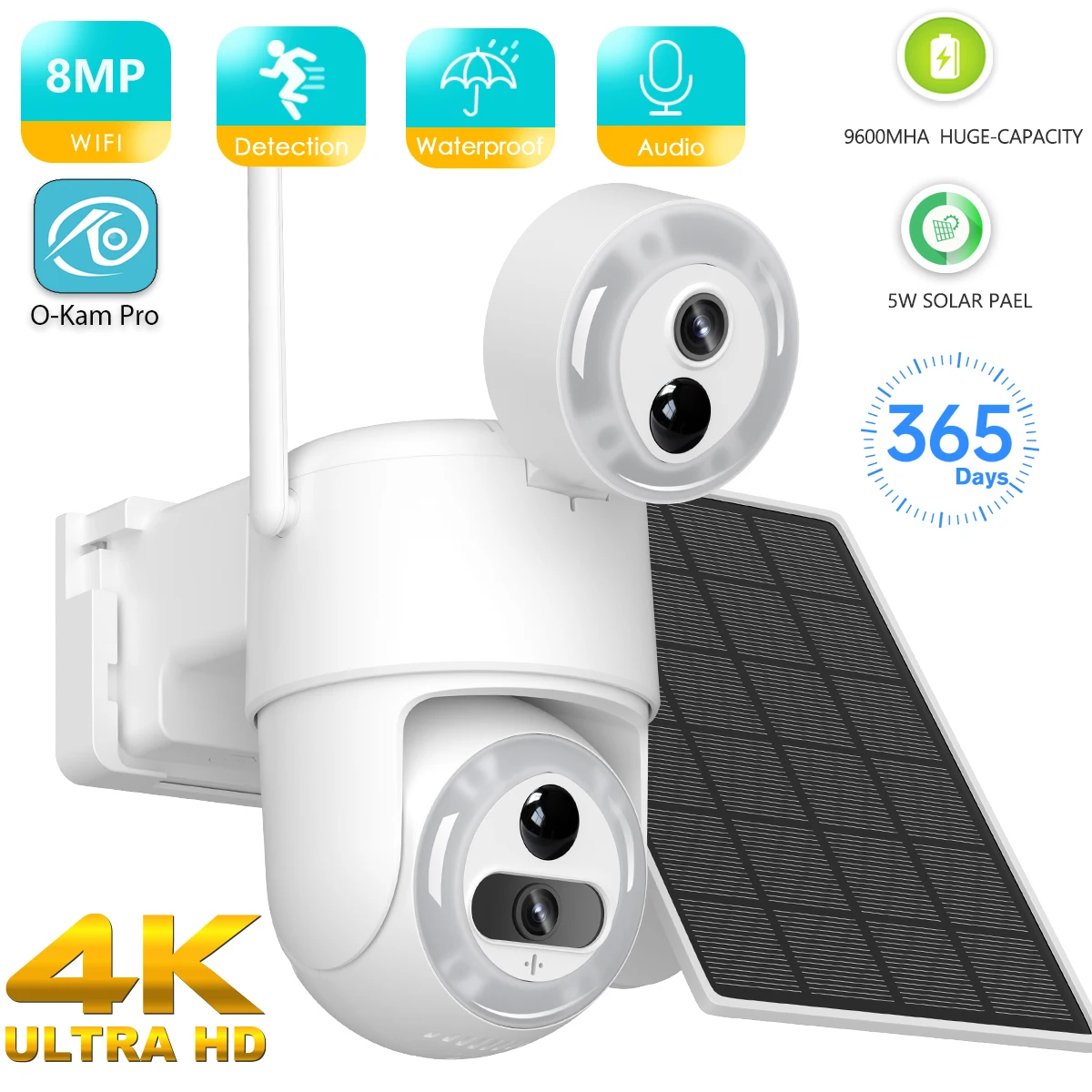 

8MP Dual Lens Solar WIFI Security Camera Outdoor with Color Night Vision PIR Motion Detection IP Camera O-KAM APP Control