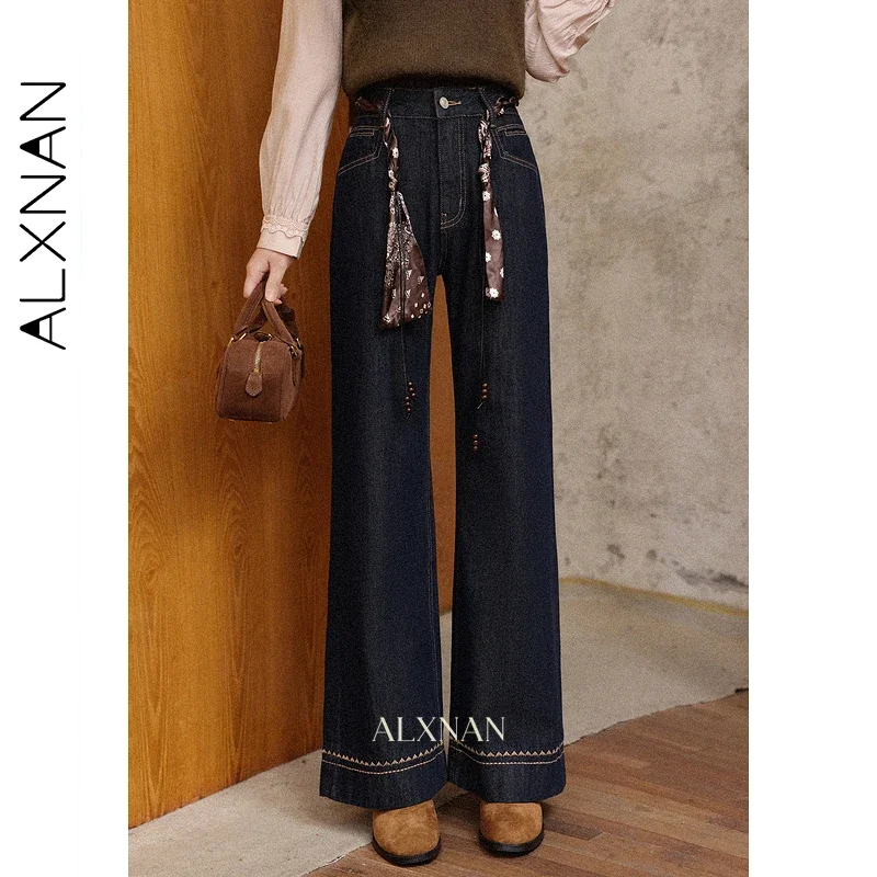 ALXNAN Women's Jeans Dark Blue High Waist Baggy Fall Embroidery Silk Scarf Straight Jeans Loose-fit Casual Denim Pants L57308