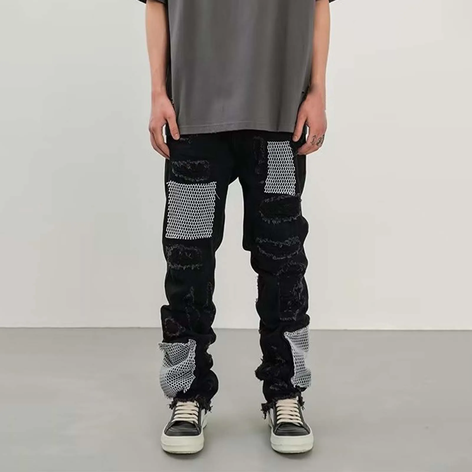 

Vintage Patchwork Baggy Jeans High Waisted Straight Pants Junk Jeans Pockets Straight Denim Trousers Men High Street Jeans Male