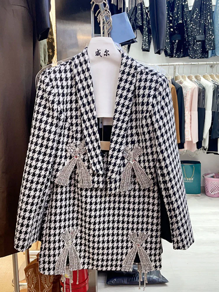 Autumn New Arrival Rhinestone Bow Plaid Blazer Jacket Short Bodycon Skirt Two Piece Set Women Outfits