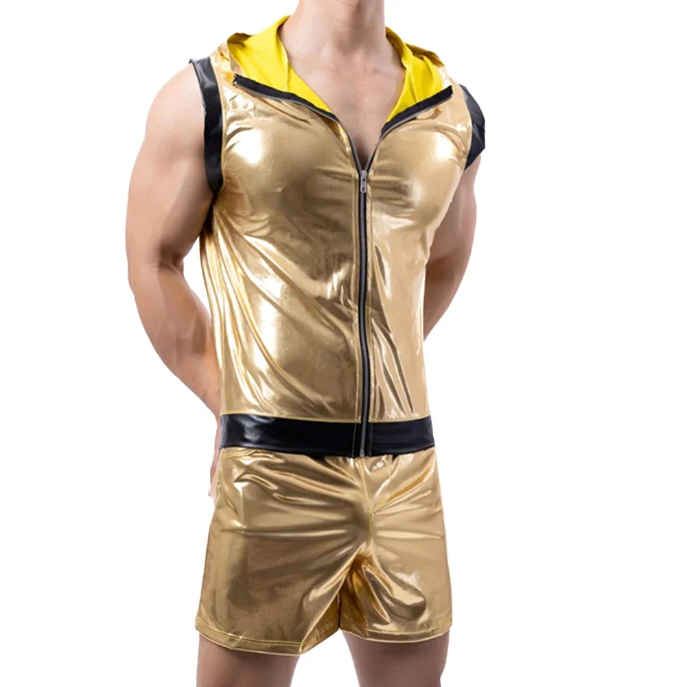 Mens Gold Shiny Tight Leather Tank Tops Boxer Briefs Shorts Clubwear Set Suit Nightclub Stage Party Jackets Costume Streetwear