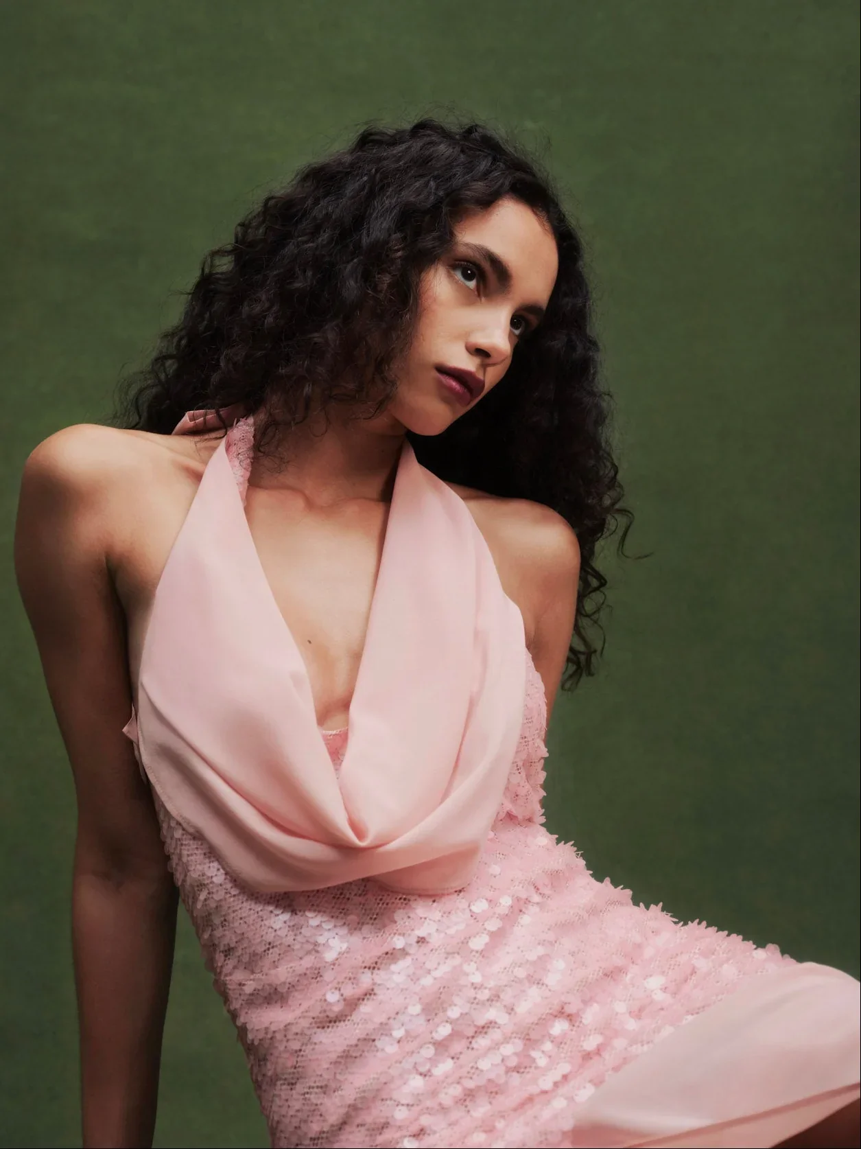 Light Pink Halter Cowl Neck Sequin Patchwork High Slit Satin Evening Dress Elegant Formal Prom Wedding Guest Party Gown