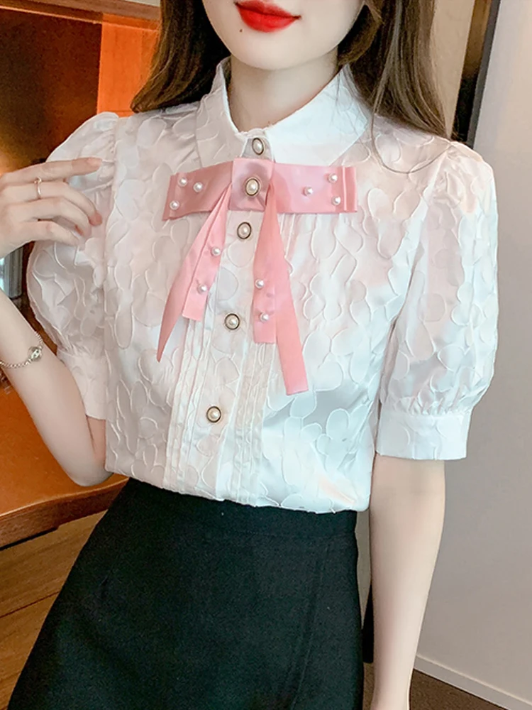 Summer Women Tops Beading Turn Down Collar Chiffon Blouse Shirt Blusas Mujer De Moda 2024 Verano Short Sleeve Blouse Women G700