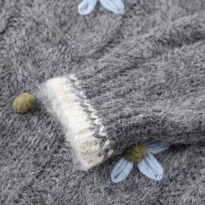 เสื้อไหมพรมปักลายดอกไม้สไตล์เรโทร สีน้ำเงินกรมท่า คอกลม สีเทา แนวฮาราจูกุ พรีปปี้ เสื้อคลุมคาร์ดิแกนสำหรับผู้หญิง เสื้อผ้าแฟชั่นฤดูหนาว