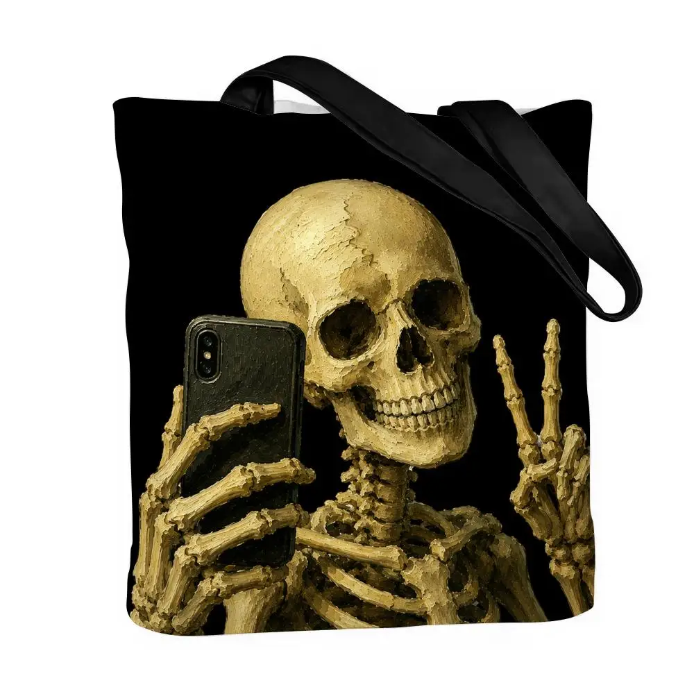 The Affectionate Skeleton Storage Bags Canvas Beach Bag Double-Sided Print Durable Shoulder Handbag for Shopping & Daily Use
