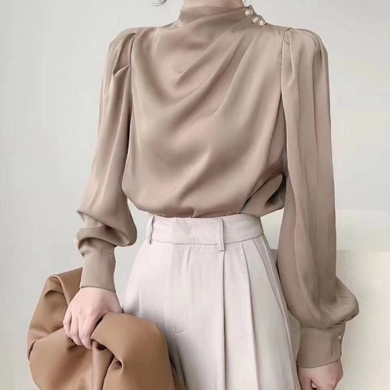 Blouses Women Retro Elegant Design Folds Casual All-match Office Ladies Korean Style Autumn Fashion Tender Simple Pure Button