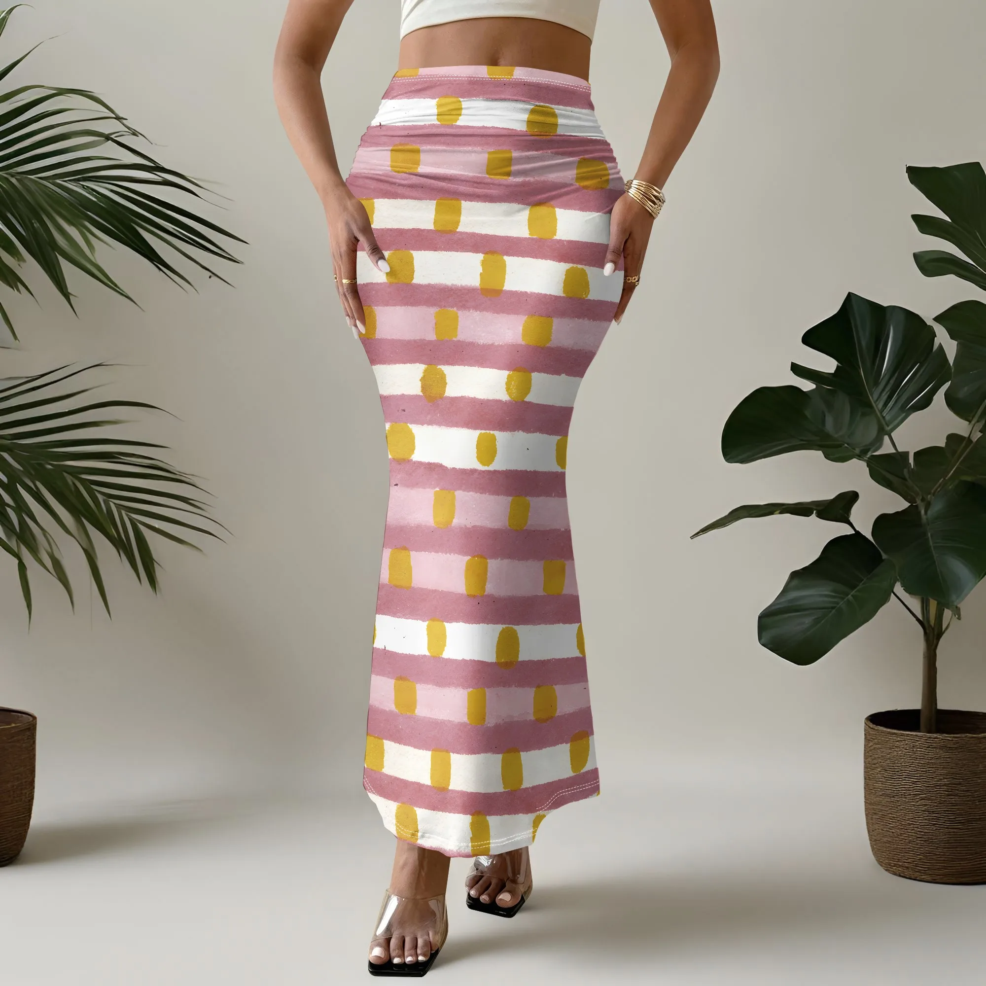 Striped Print Mermaid Skirt, Pink Yellow Stripe, High Waist Bodycon, Beach Party Wear, S-2XL