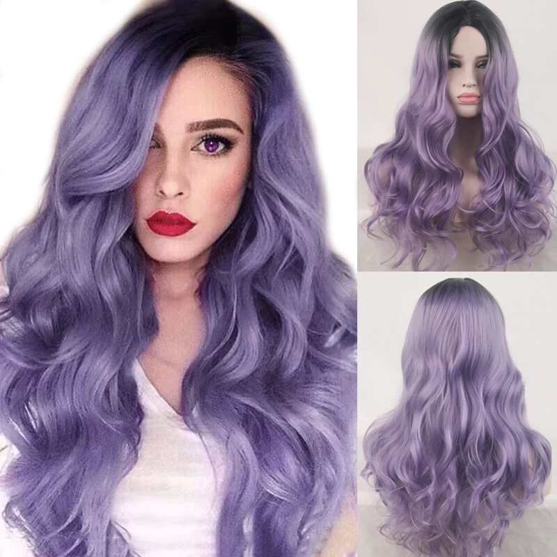 

WoodFestival Synthetic Cosplay Wig Long Hair Party Wigs For Women Pink Red Blue Green Brown Black Purple Grey Wavy Ombre Rainbow