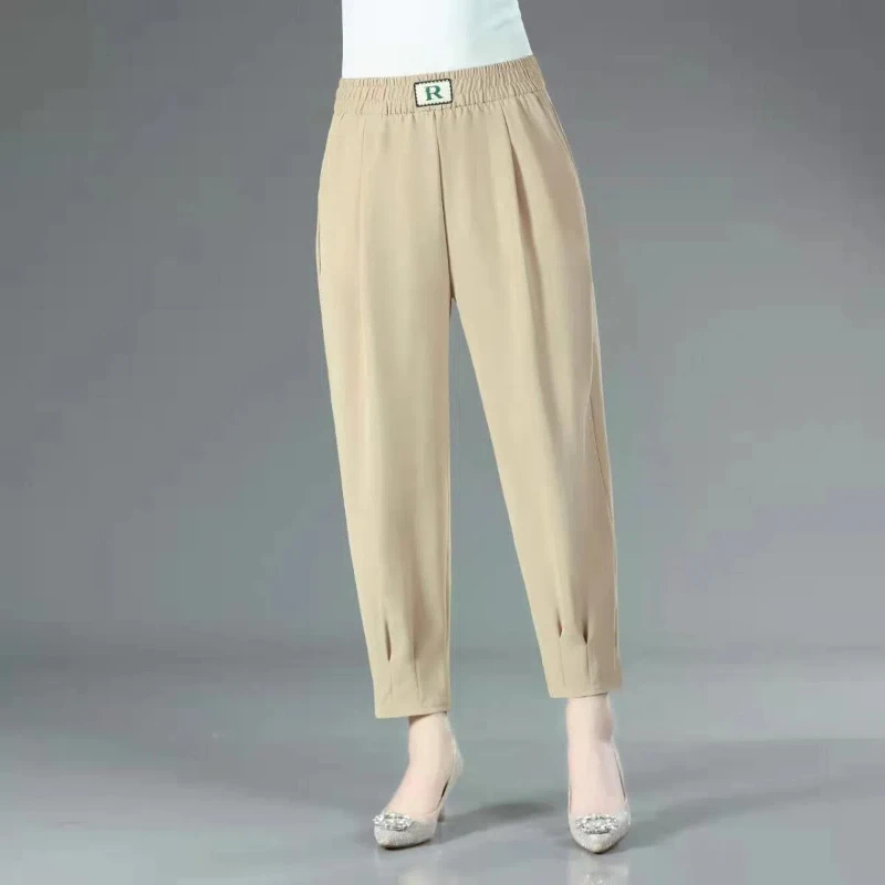 Pantalones bombachos sencillos y holgados para mujer, ropa informal de cintura elástica que combina con todo, color sólido, Estilo Vintage, tendencia de moda, novedad de verano