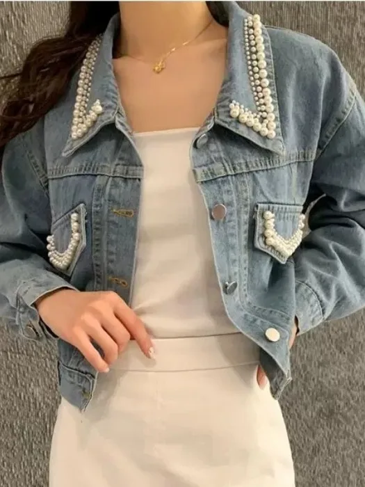 

Faionable Blue Denim ort Jaet Women's Retro Collar Single Button Autumn New Sle Small Size Bead Embellied Top