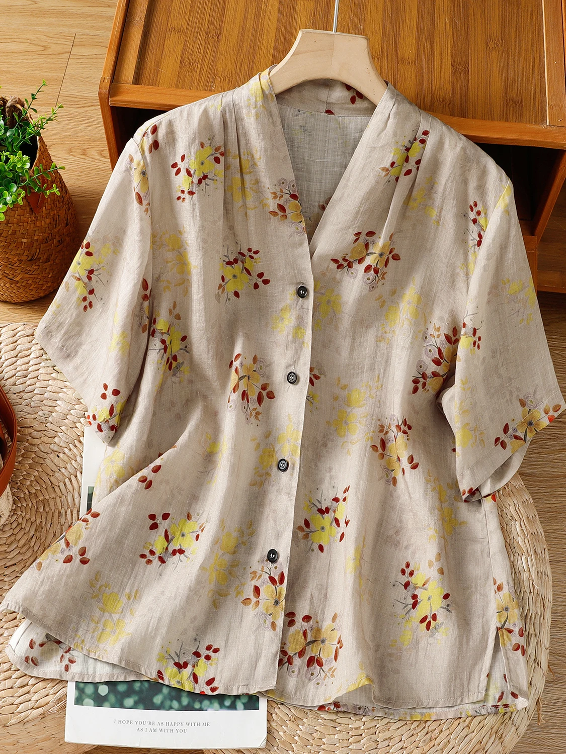 

Повседневный хлопковый льняной принт в стиле ретро, irt V-Ne ort Sve, женский летний свитер больших размеров на пуговицах с цветочным дизайном, универсальный