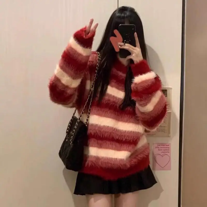 

soft and sticky sweater Women's autumn winter new model Lazy style color blocking knitwear tops fashionable elegance solid top