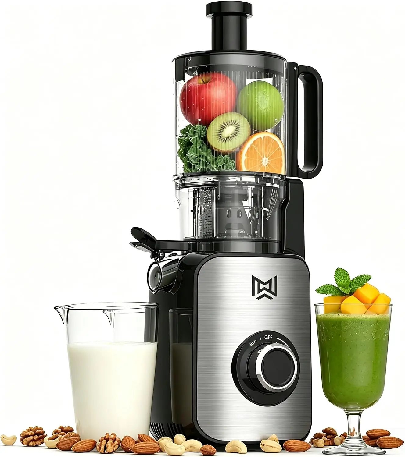 Stainless Steel Cold Press Juicer, Slow Masticating Machine - 5.0 Inch Wide Feed Chute, Large Auger, 304 Stainless Steel Pre-Cut