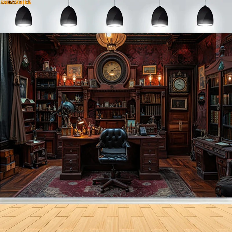 

Antique Furniture Room Photography Backdrops Functional Desk Chair Wall Clock Gift Shop Library Photo Studio Background FG-04