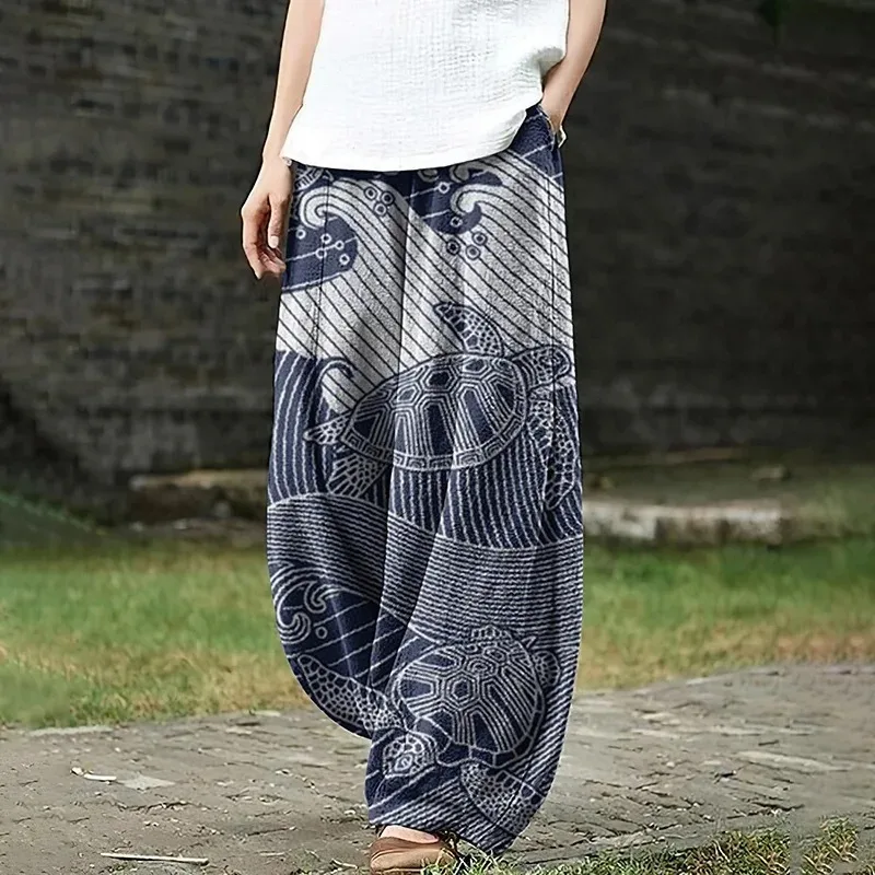 Retro Ukiyo-e Line Wave Sea Turtle Japanese Art Print Casual Pants Harajuku Lantern Trousers Women's Boho Wide Leg Pants