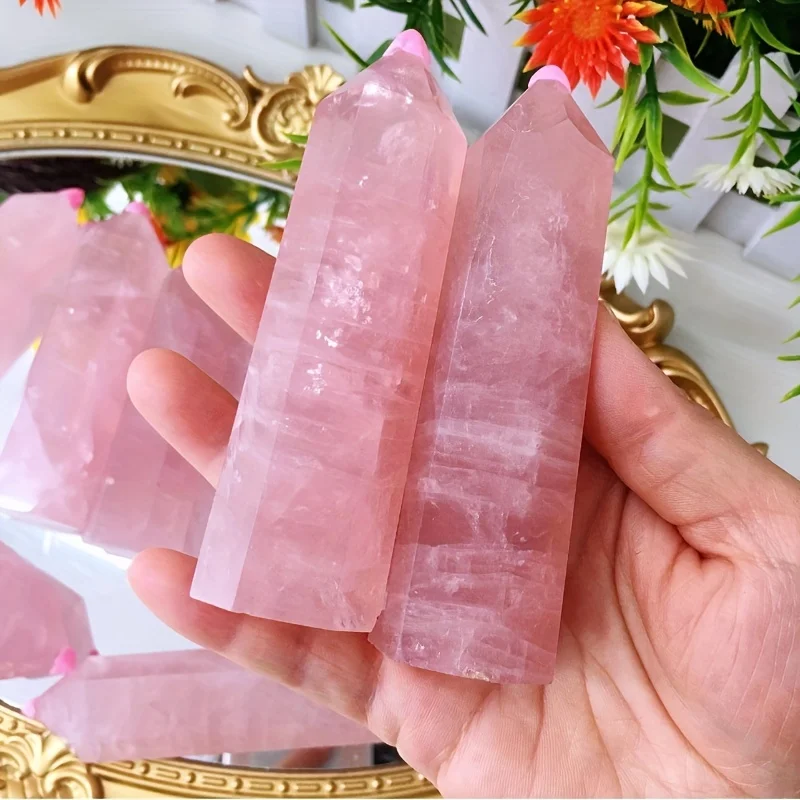 Nature Rose Tower Point Crystal Quartz 6 Sided Single Point Interior Decor Collection Gift Yoga Home Office Halloween