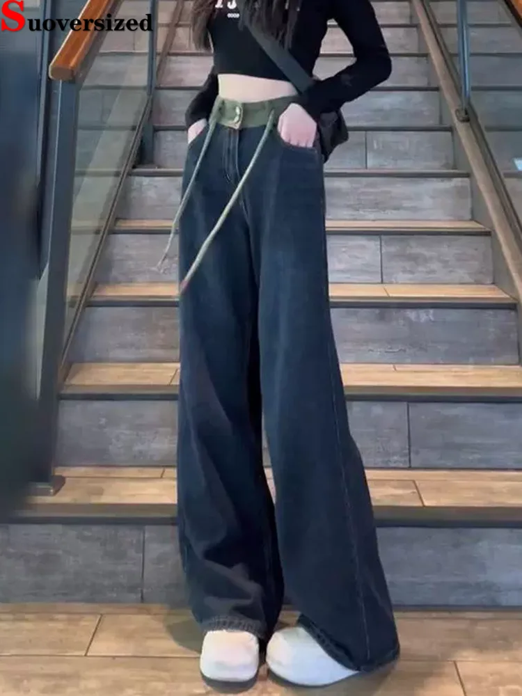 

Тонкие винтажные джинсы с высокой талией, модные эластичные джинсы на шнурке, женские повседневные мешковатые широкие брюки, уличная одежда, джинсовые брюки