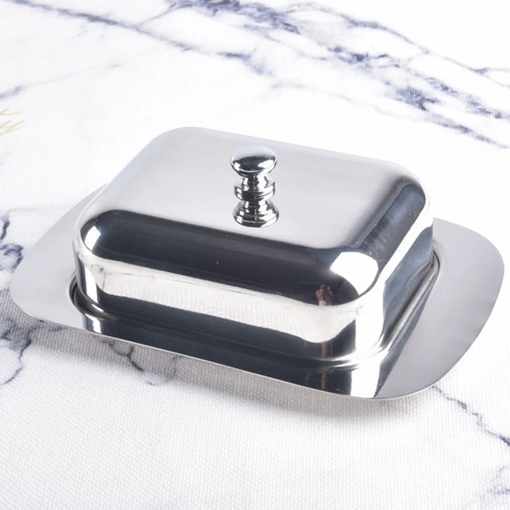 Luxious Stainless Steel Butter Dish Box Container Shiny Cheese Server Storage Keeper Tray with Easy to Hold Lid