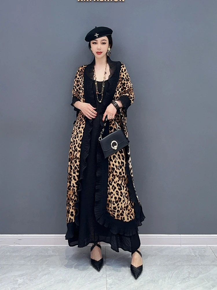 New spring/summer 2023 women leopard grain loose long coat outside cape falbala luxuriant dress casual and comfortable abrigo