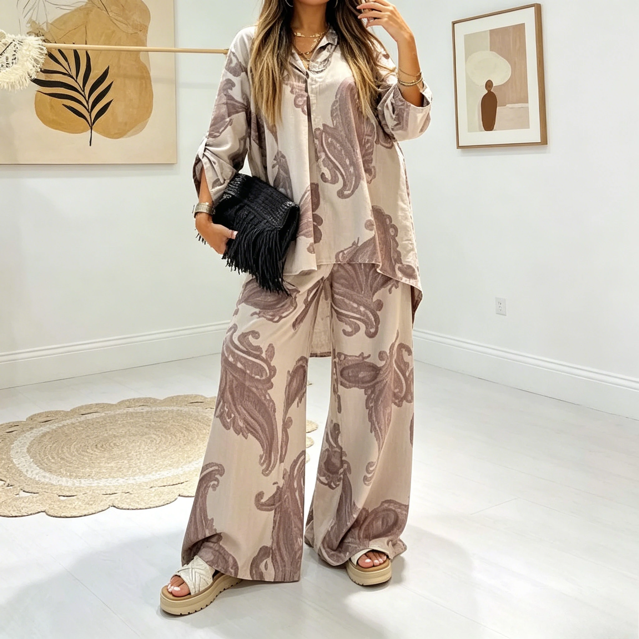 

Pant Set Women Two Piece Sets Turn Down Collar Full Sleeve Casual Loose Tops Wide Leg Long Pants High Waist Y2k Streetwear 2026