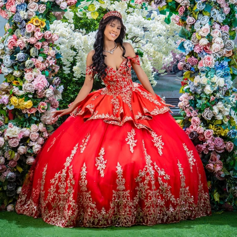 

Red Shiny Quinceanera Dress Ball Gown Off The Shoulder Gold Lace Applique Tull Corset Sweet 16 Vestidos De 15 Años