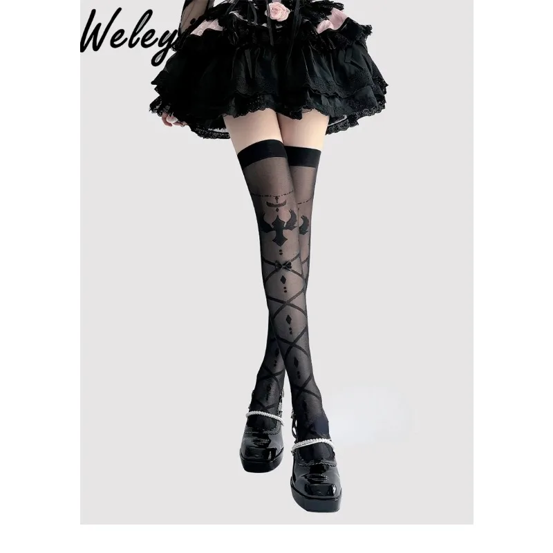 

Kawaii Jirai Kei Lolita Stockings Women's 2024 Summer All Matching Thin Black Silk High Thigh White Silk Sexy Gothic Knee Socks