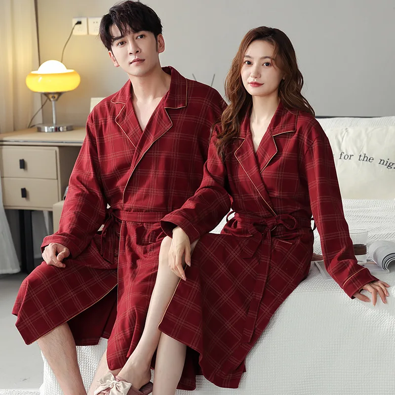 

New Fall Winter Couples Pajamas Men's Long-sleeved Cotton Large Size Bathrobe Ms. Long Section of The Red Couple Homewear Suit