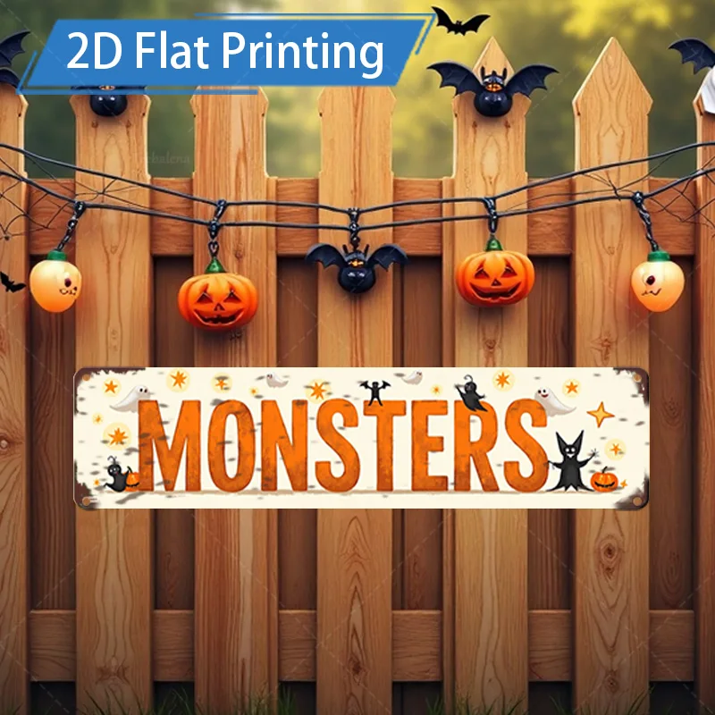 

1 шт. металлический знак, 4x16 дюймов, знак монстров на Хэллоуин, плоский принт для украшения забора