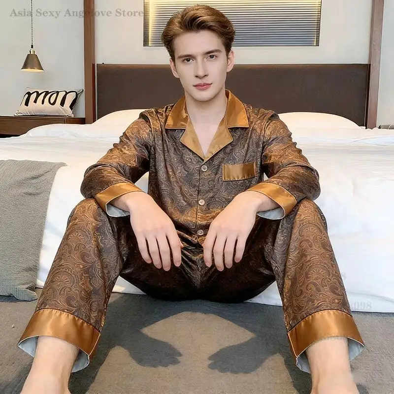 Plus Size 5XL 2Pcs Pajamas Set Spring Autumn Men's Sleepwear New Long Sleeved Thin Ice Silk Pyjamas Suit Male Home Clothes
