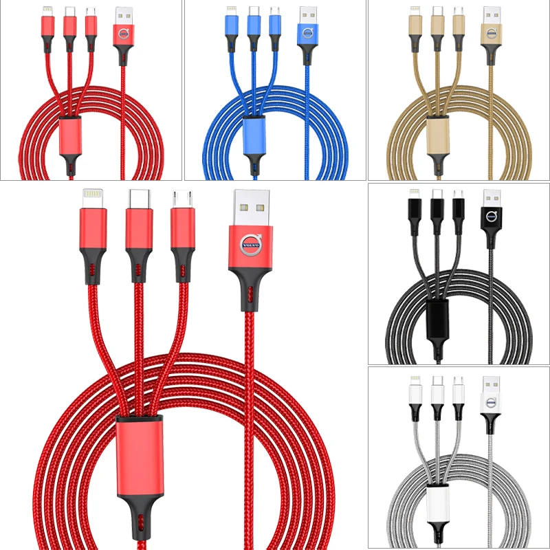 Car Emblem 3 In 1 Type C Lightning Micro USB Fast Charging Cable For Volvo XC40 V40 V50 V60 S40 S50 S60 S70 S80 S90 240 C70