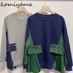 Kontrast pileli Ropa Mujer fermuar cep Patchwork Hoodies kadınlar uzun kollu O boyun tişörtü güz bayan giyim Hoodie