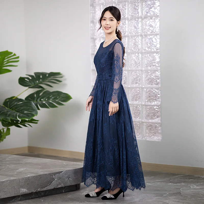 Long Mother Of The Bride Dresses Lace Trimming  Elegant Long Sleeve Mother Of The Bride Gown Navy Blue