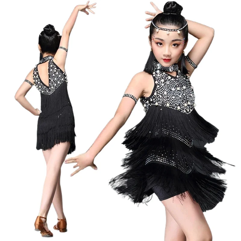 Vestido de baile latino Sexy a la moda para niñas, vestidos brillantes para niños, trajes de salón de competición profesional Latina