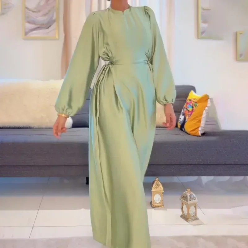

Women Elegant Dress Light Green O-neck Lantern Sleeve High Waist Strap Temperament Fashionable Female Solid Long Casual Dresses