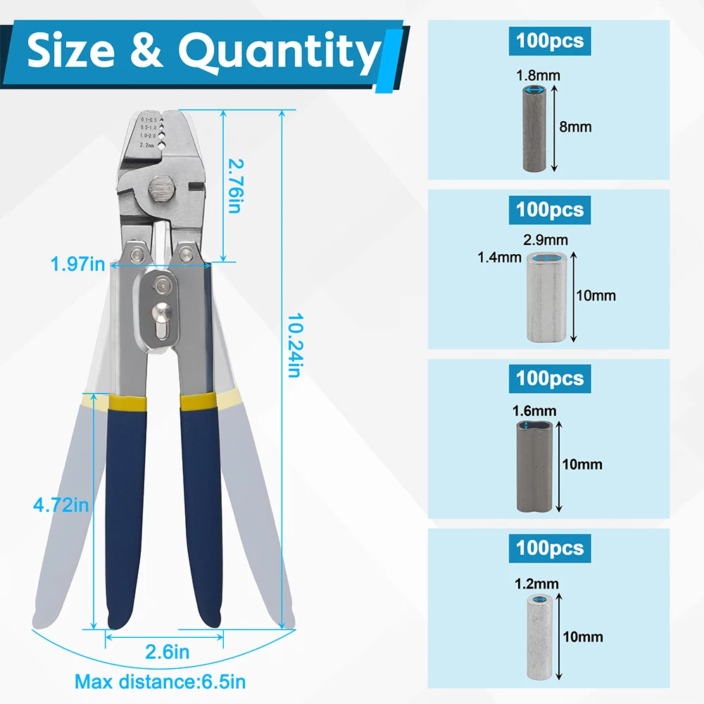 Fishing Crimping Tool Wire Line Crimping Rigging Kit Fishing Pliers Wire Rope Leader Crimp Tool with 500pcs Crimp Sleeves Beads