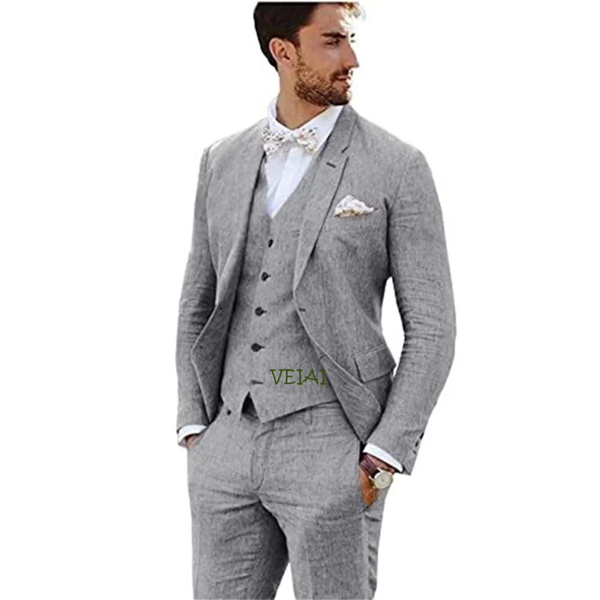 Traje de lino de nuevo diseño para hombre, conjunto Formal de 3 piezas para boda y graduación, chaqueta ajustada para novio, traje de esmoquin para padrino, traje para hombre