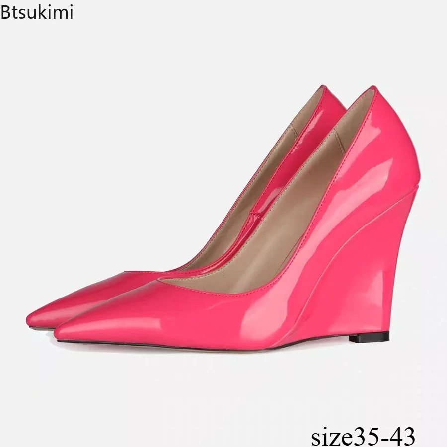 New Elegant Pointed Toe Wedge Heel Women's Single Shoes Fashionable and Sexy Dinner Party High Heels Patent Leather Casual Shoes