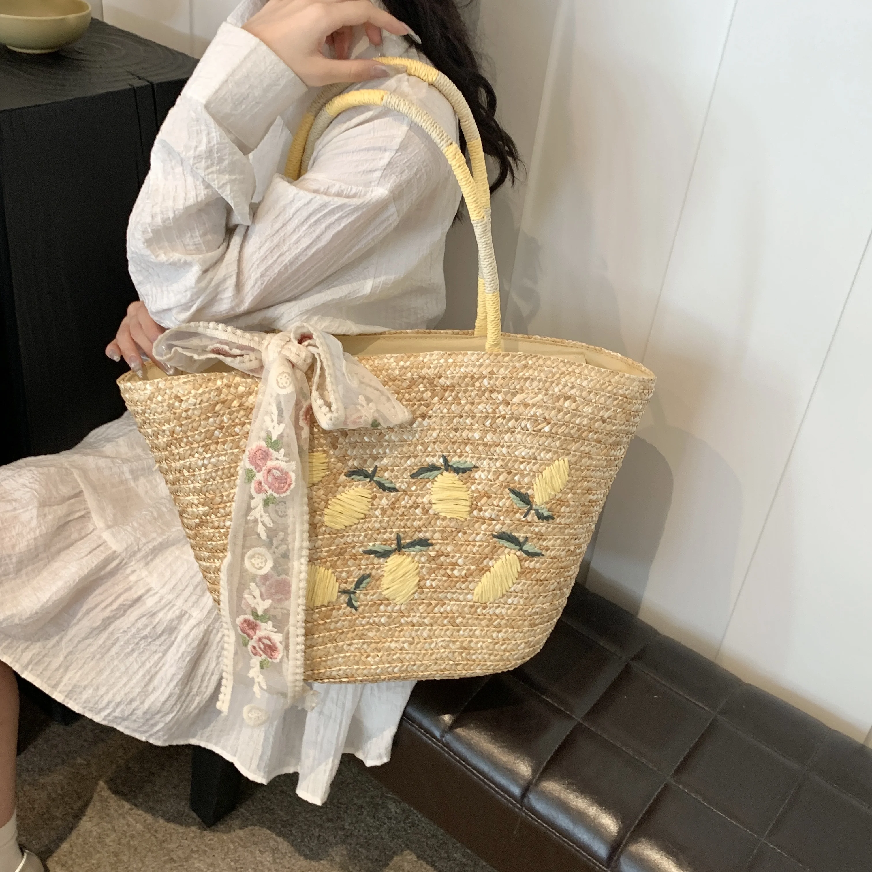 Summer Large Straw Bags for Women Handmade Beach Bags 2024 Korean Fashion Ribbon Woven Handbags Travel Shopper Shoulder Bags